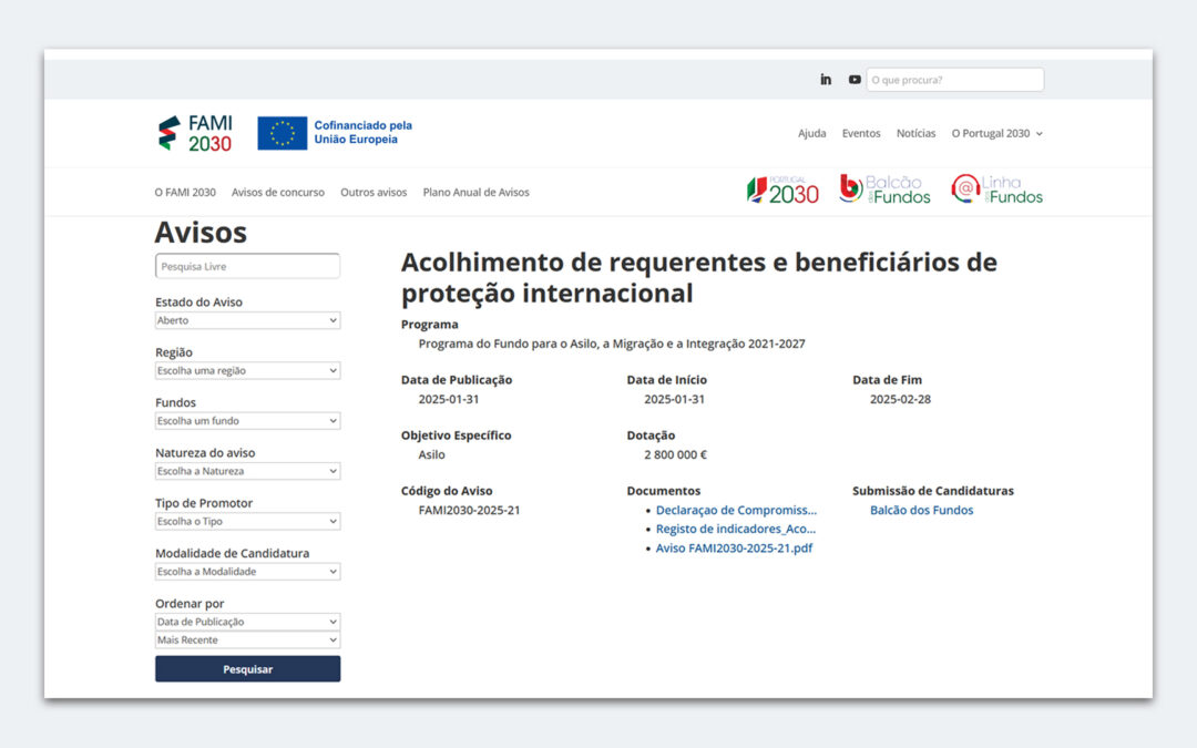 Novos filtros e funcionalidades facilitam a pesquisa de Avisos FAMI 2030